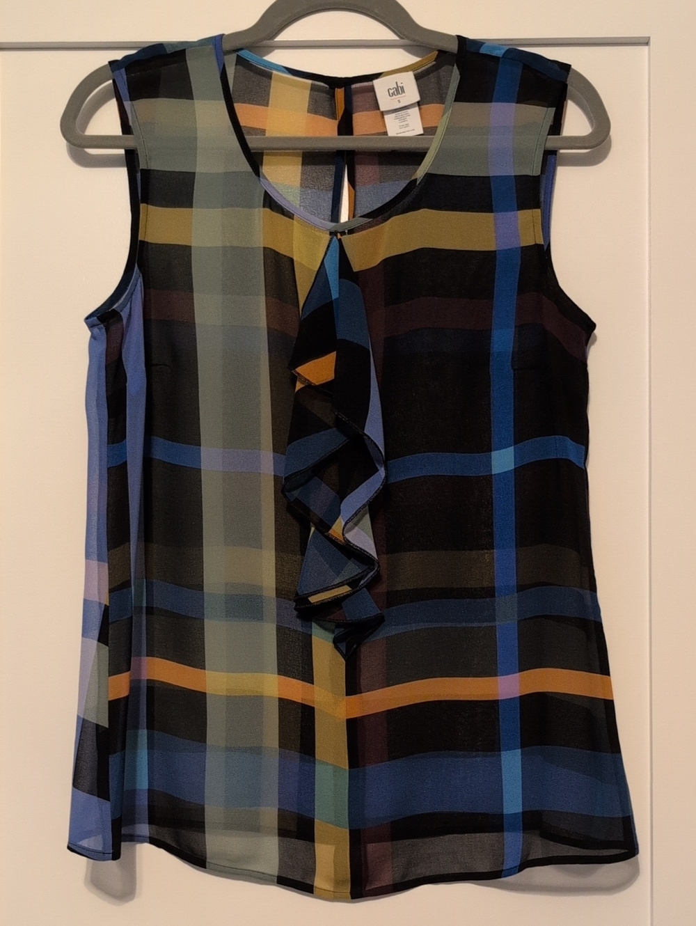 CAbi Plaid Ruffle Front Blouse